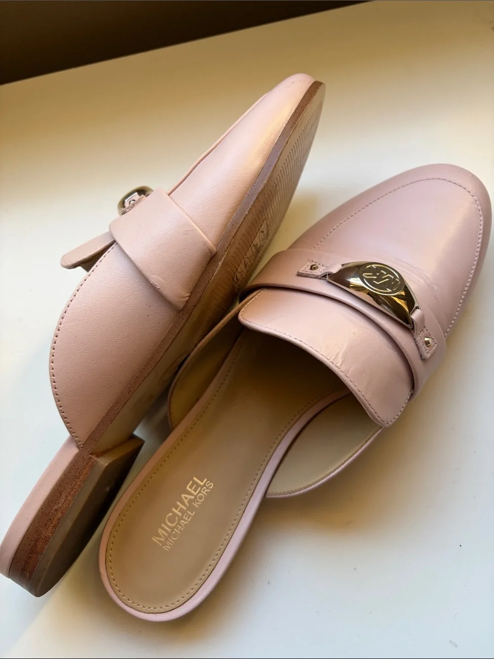 Michael Kors Blush Pink Leather Slip-On Mules with silver MK Accent